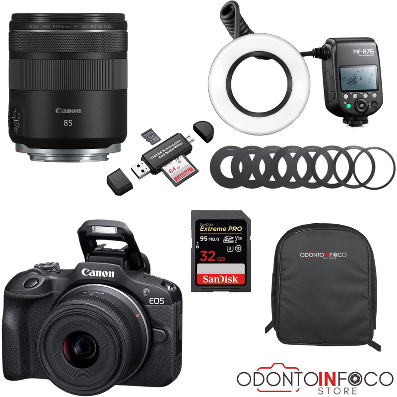 KIT 12- CÂMERA PROFISSIONAL R100 MIRRORLESS + LENTE MACRO CANON 85MM OU RF 100MM +  FLASH CIRCULAR GODOX MF-R76