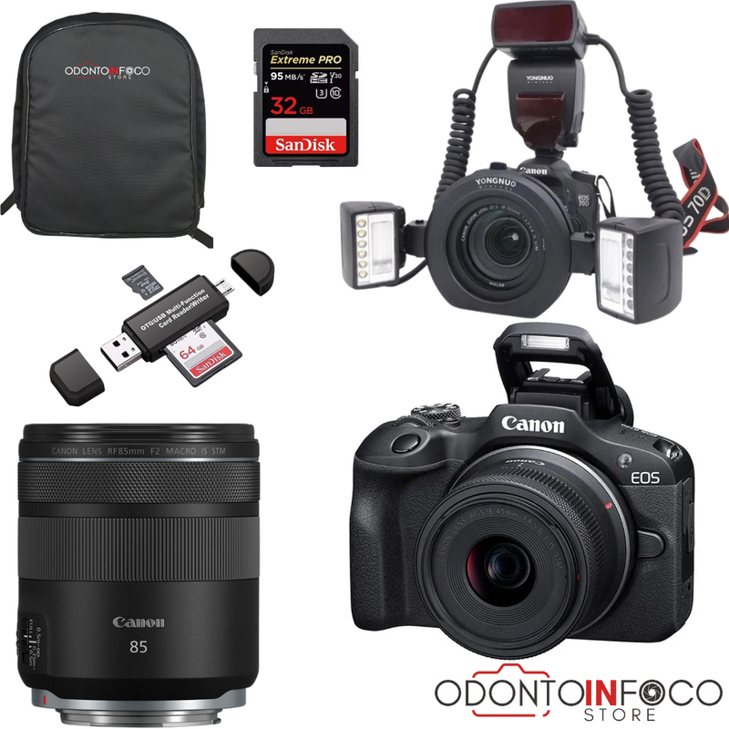 KIT 13- CÂMERA PROFISSIONAL R100 MIRRORLESS + LENTE MACRO CANON 85MM OU RF 100MM + FLASH TWIN YONGNUO YN24EX