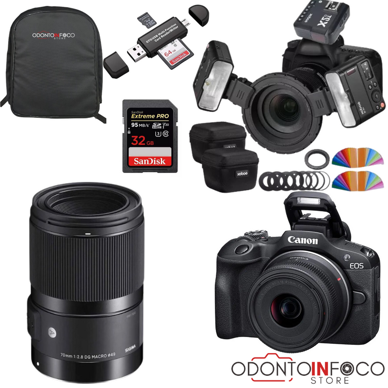 KIT 14- CÂMERA PROFISSIONAL R100 MIRRORLESS + LENTE MACRO SIGMA 70MM OU RF 100MM + TWIN GODOX MF-12