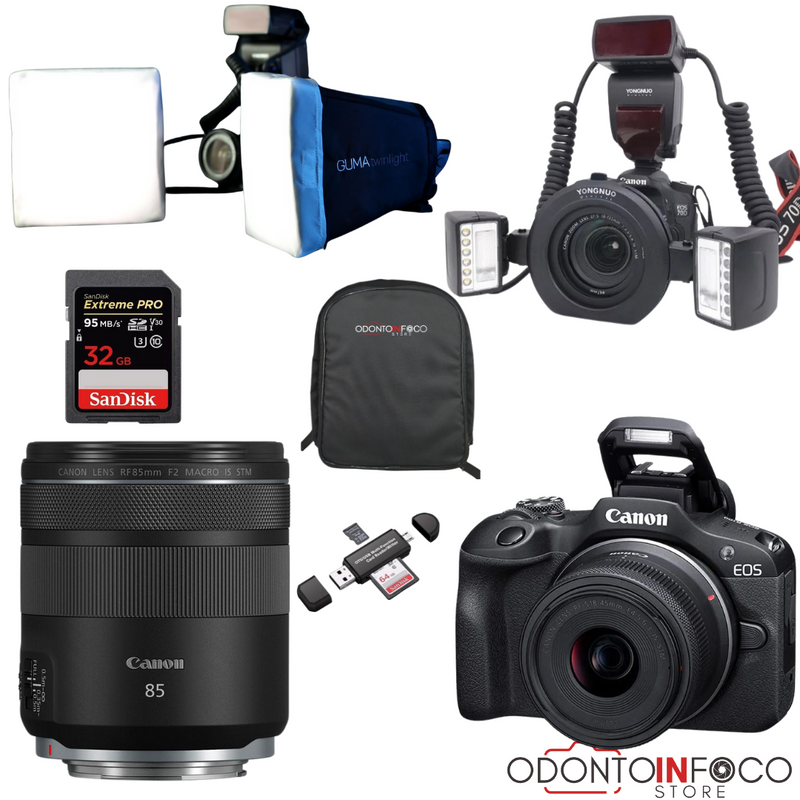 KIT 16- CÂMERA PROFISSIONAL R100 MIRRORLESS + LENTE  MACRO CANON 85MM OU RF 100MM + FLASH TWIN YONGNUO YN24EX  +  GUMA T