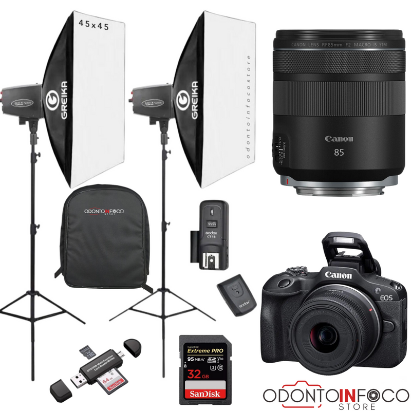 KIT 18 CÂMERA PROFISSIONAL R100 MIRRORLESS + LENTE MACRO CANON RF 85MM + ESTÚDIO FOTOGRÁFICO