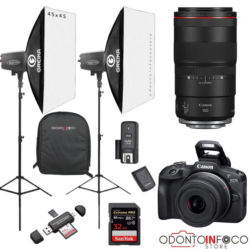 KIT 19 CÂMERA PROFISSIONAL R100 MIRRORLESS + LENTE MACRO CANON RF 100MM + ESTÚDIO FOTOGRÁFICO