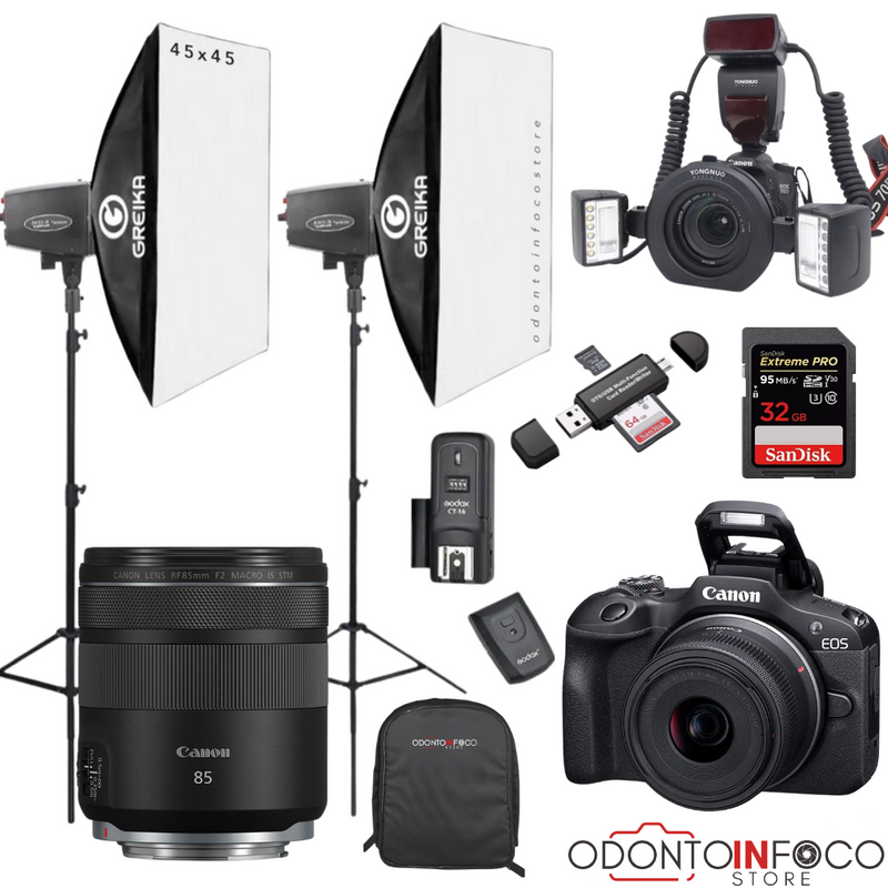 KIT 20 CÂMERA PROFISSIONAL R100 MIRRORLESS + LENTE MACRO CANON RF 85MM + ESTÚDIO FOTOGRÁFICO + FLASH TWIN YONGNUO YN24EX