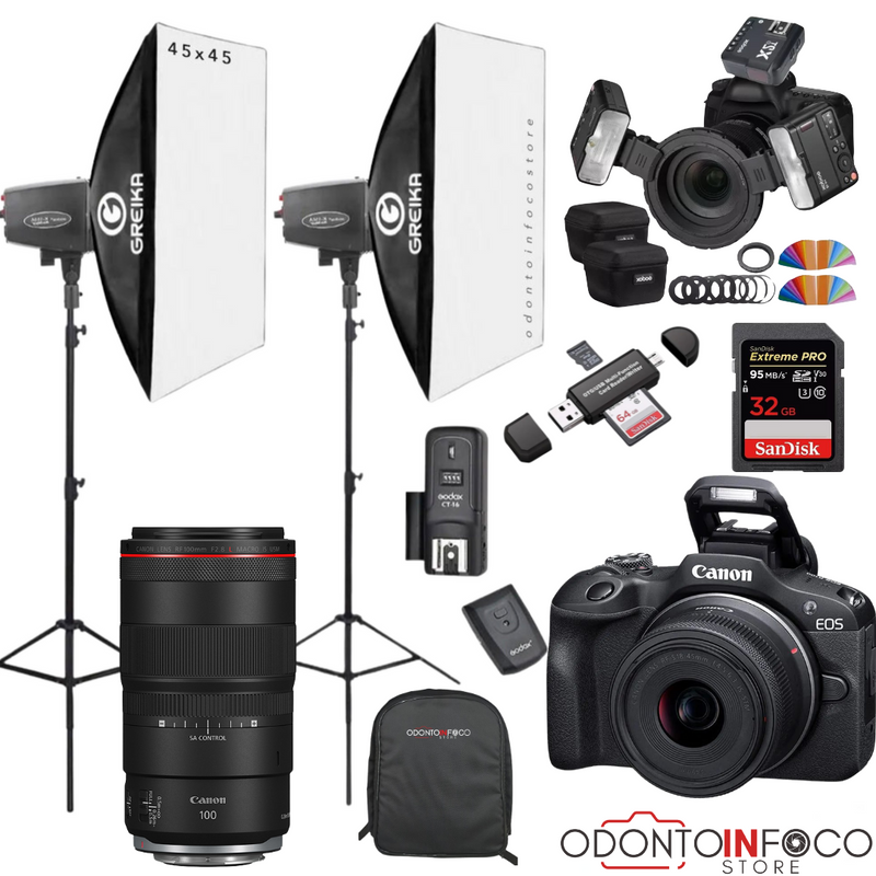 KIT 23 CÂMERA PROFISSIONAL R100 MIRRORLESS + LENTE MACRO CANON RF 100MM + ESTÚDIO FOTOGRÁFICO + FLASH TWIN GODOX MF-12