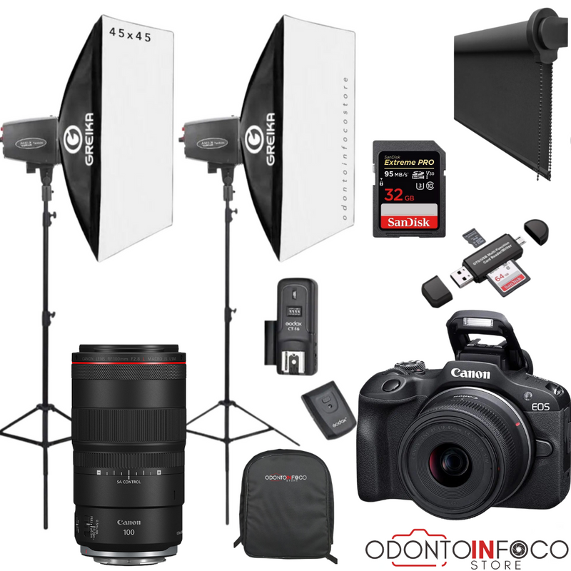 KIT 25 CÂMERA PROFISSIONAL R100 MIRRORLESS + LENTE MACRO CANON RF 100MM + ESTÚDIO FOTOGRÁFICO + BLACKOUT ESPECIAL