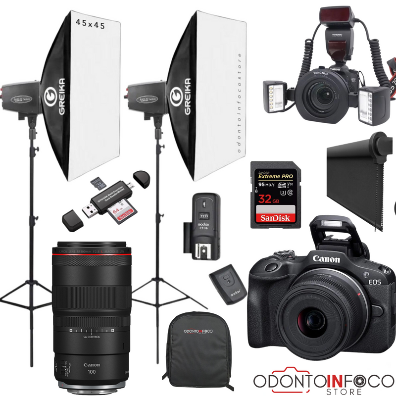 KIT 27 CÂMERA  R100 MIRRORLESS + LENTE MACRO CANON RF 100MM + ESTÚDIO FOTOGRÁFICO + BLACKOUT +  FLASH TWIN YONGNUO