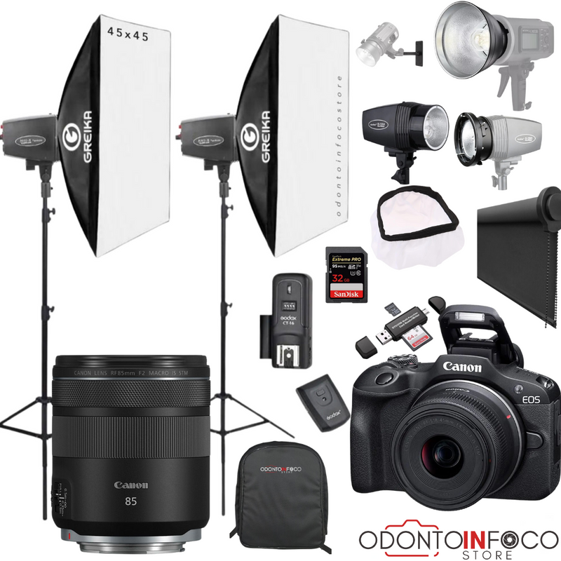 KIT 30 CÂMERA  R100 MIRRORLESS + LENTE MACRO CANON RF 85MM + ILUMINAÇÃO COMPLETA + BLACKOUT