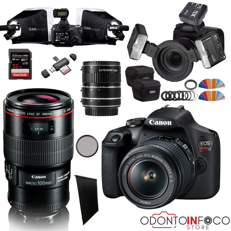 KIT 11 - CÂMERA T7+ KIT MACRO OU LENTE MACRO CANON EF 100MM + TWIN GODOX + ESTÚDIO GUMA TWIN + BLACKOUT