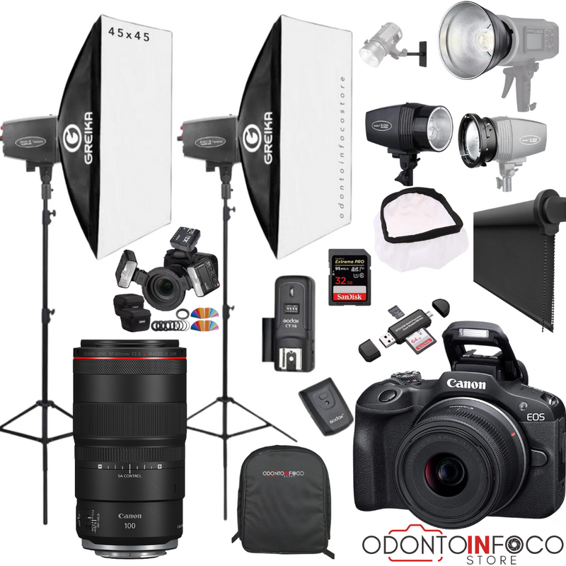 KIT 35 CÂMERA R100 MIRRORLESS + LENTE MACRO CANON 100MM + ILUMINAÇÃO COMPLETA + BLACKOUT + FLASH TWIN GODOX MF-12