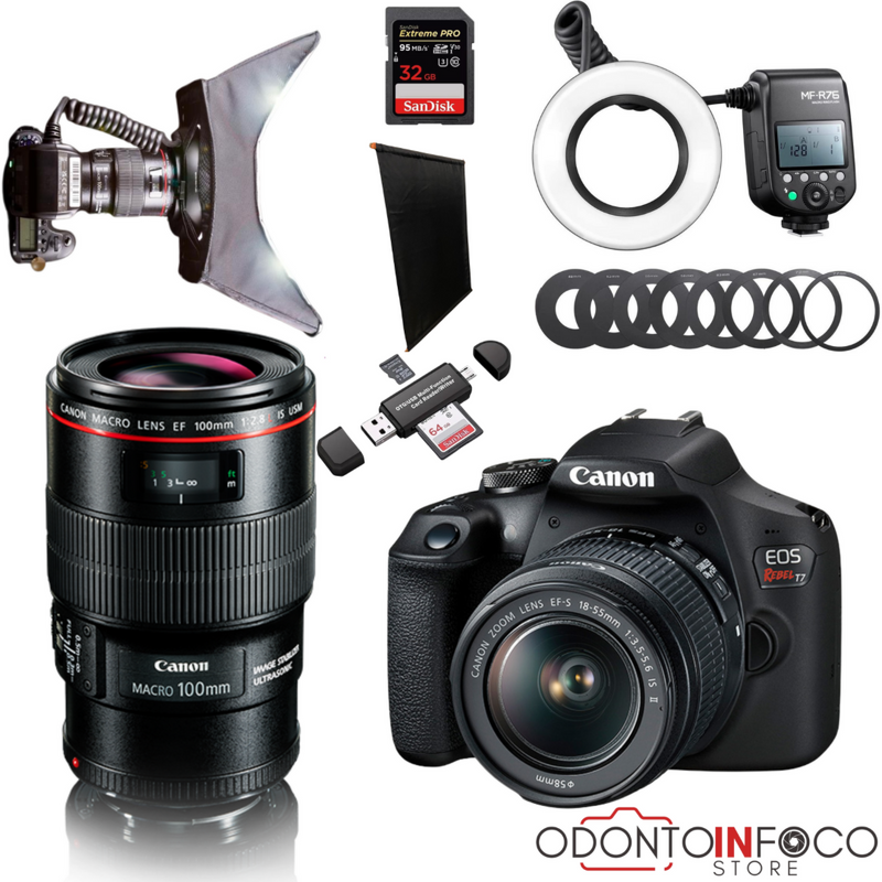 KIT 9 - CÂMERA T7+ KIT MACRO OU LENTE MACRO CANON EF 100MM + FLASH CIRCULAR GODOX + GUMA RING + BLACKOUT