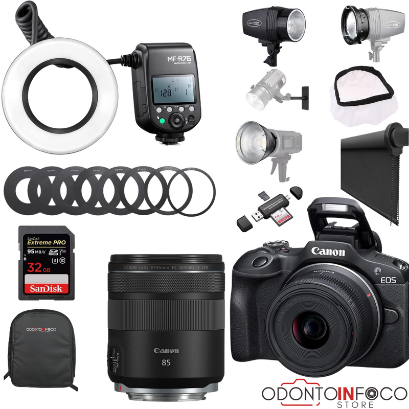 KIT 36-( RADIOLOGIA)  - CÂMERA  R100+ / + FLASHRING + LENTE MACRO 85MM CANON +  BLACKOUT + PONTO SUPERIOR