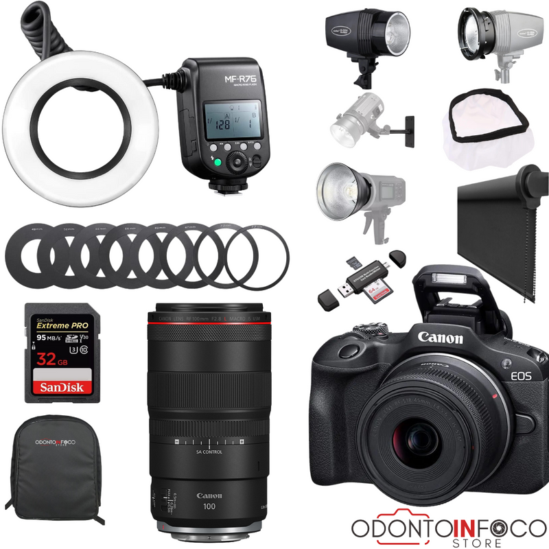 KIT 37-( RADIOLOGIA)  - CÂMERA R100+ / + FLASHRING + LENTE MACRO 100MM RF CANON +  BLACKOUT + PONTO SUPERIOR