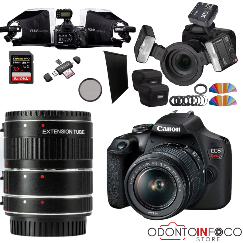 KIT 11 - CÂMERA T7+ KIT MACRO OU LENTE MACRO CANON EF 100MM + TWIN GODOX + ESTÚDIO GUMA TWIN + BLACKOUT