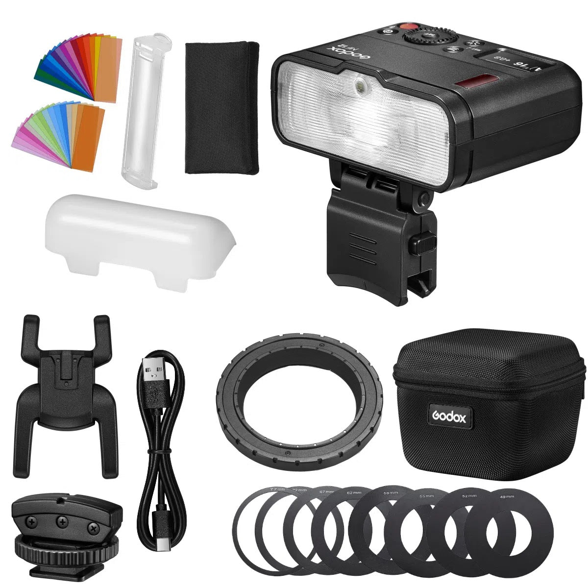 ( PAR ) FLASH ( ORIGINAL )GODOX MF-12 + ANEL DE MONTAGEM MF - AR + ANÉIS(49/52/55/58/62/67/72/77MM INCLUSOS).