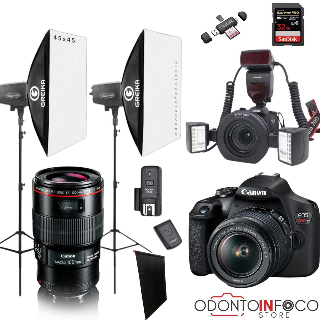 KIT 14 - CÂMERA T7+ KIT MACRO OU LENTE MACRO CANON EF 100MM + ESTÚDIO FOTOGRÁFICO + FLASH TWIN YONGNUO + BLACKOUT