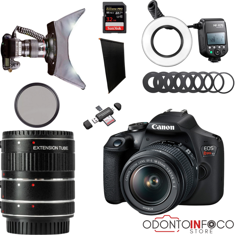 KIT 9 - CÂMERA T7+ KIT MACRO OU LENTE MACRO CANON EF 100MM + FLASH CIRCULAR GODOX + GUMA RING + BLACKOUT