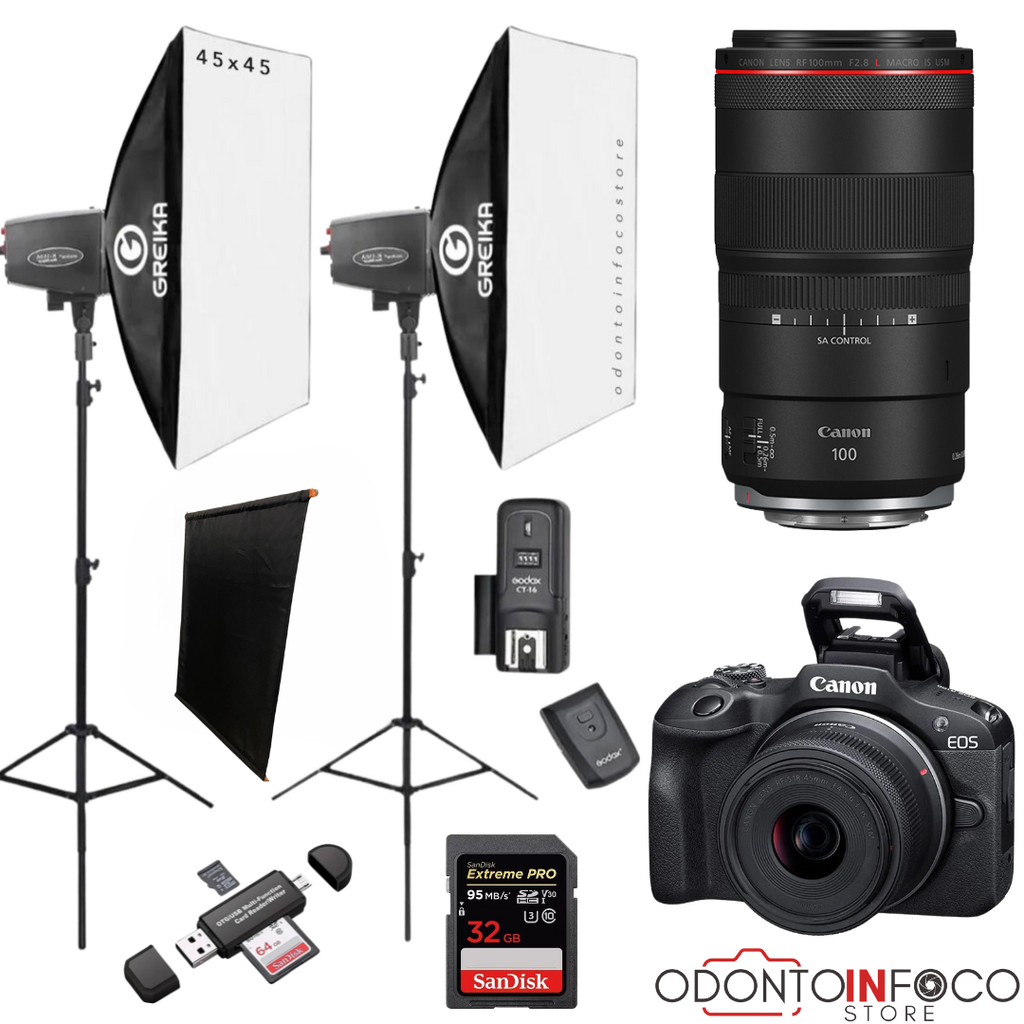 KIT 15 -  CÂMERA PROFISSIONAL R100 MIRRORLESS + LENTE MACRO CANON RF 100MM + ESTÚDIO FOTOGRÁFICO