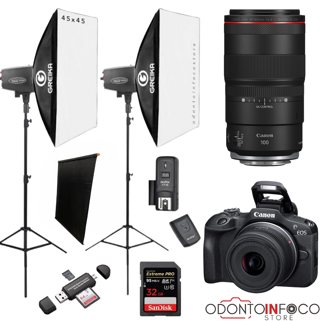 KIT 15 -  CÂMERA PROFISSIONAL R100 MIRRORLESS + LENTE MACRO CANON RF 100MM + ESTÚDIO FOTOGRÁFICO