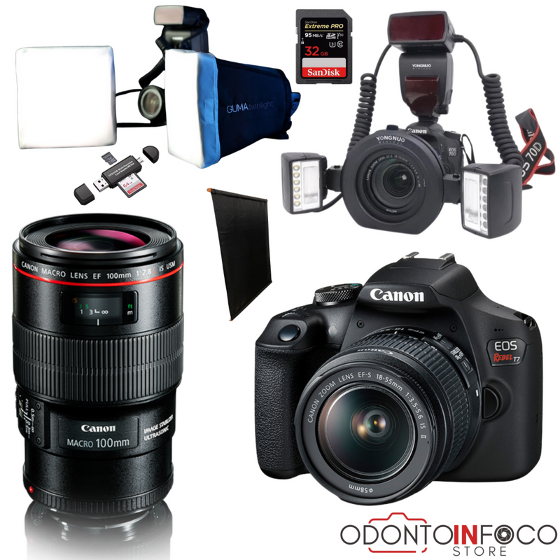 KIT 10 - CÂMERA T7+ KIT MACRO OU LENTE MACRO CANON EF 100MM + FLASH TWIN YONGNUO YN24EX + GUMA TWIN + BLACKOUT