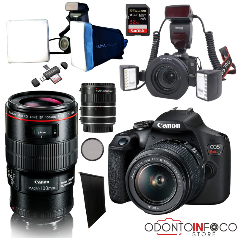 KIT 10 - CÂMERA T7+ KIT MACRO OU LENTE MACRO CANON EF 100MM + FLASH TWIN YONGNUO YN24EX + GUMA TWIN + BLACKOUT