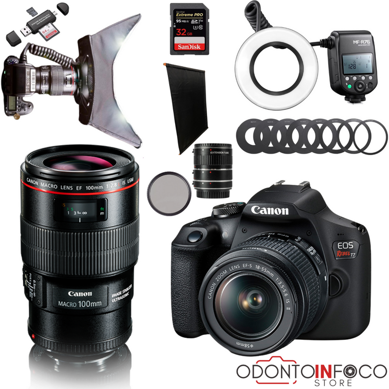 KIT 9 - CÂMERA T7+ KIT MACRO OU LENTE MACRO CANON EF 100MM + FLASH CIRCULAR GODOX + GUMA RING + BLACKOUT