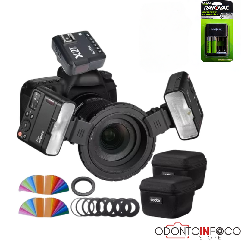 FLASH P/CANON MF12 MACRO TWIN GODOX + CARRREGADOR INTELIGENTE E PILHAS RECARRAGÁVEIS INDICADAS PARA O EQUIPAMENTO.