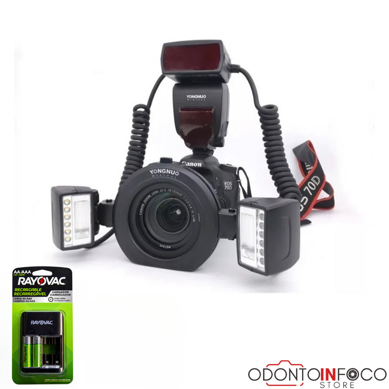 FLASH P/CANON TWIN YONGNUO YN24EX + CARRREGADOR INTELIGENTE E PILHAS RECARRAGÁVEIS INDICADAS PARA O EQUIPAMENTO.