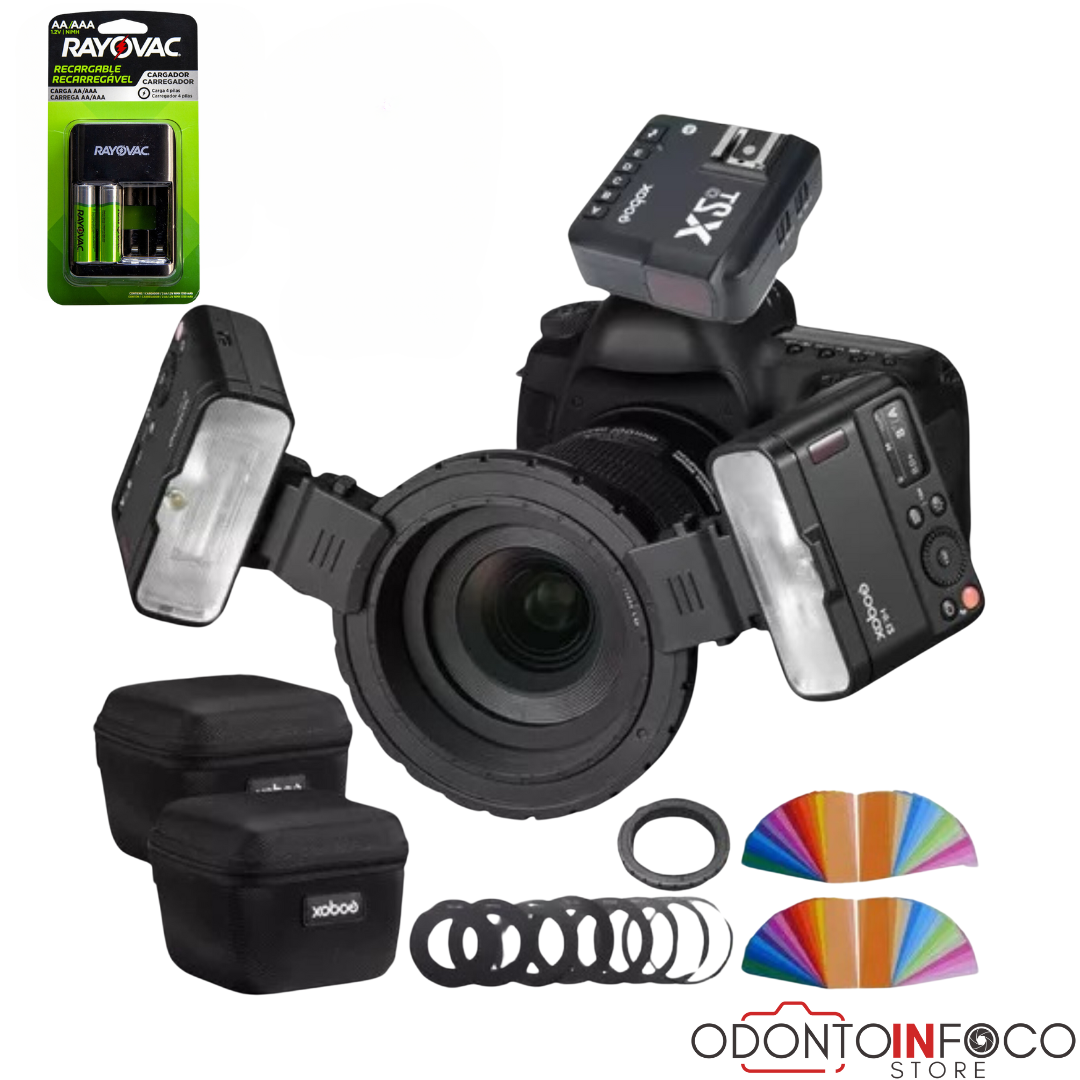 FLASH P/NIKON MF12 MACRO TWIN GODOX + CARRREGADOR INTELIGENTE E PILHAS RECARRAGÁVEIS INDICADAS PARA O EQUIPAMENTO.