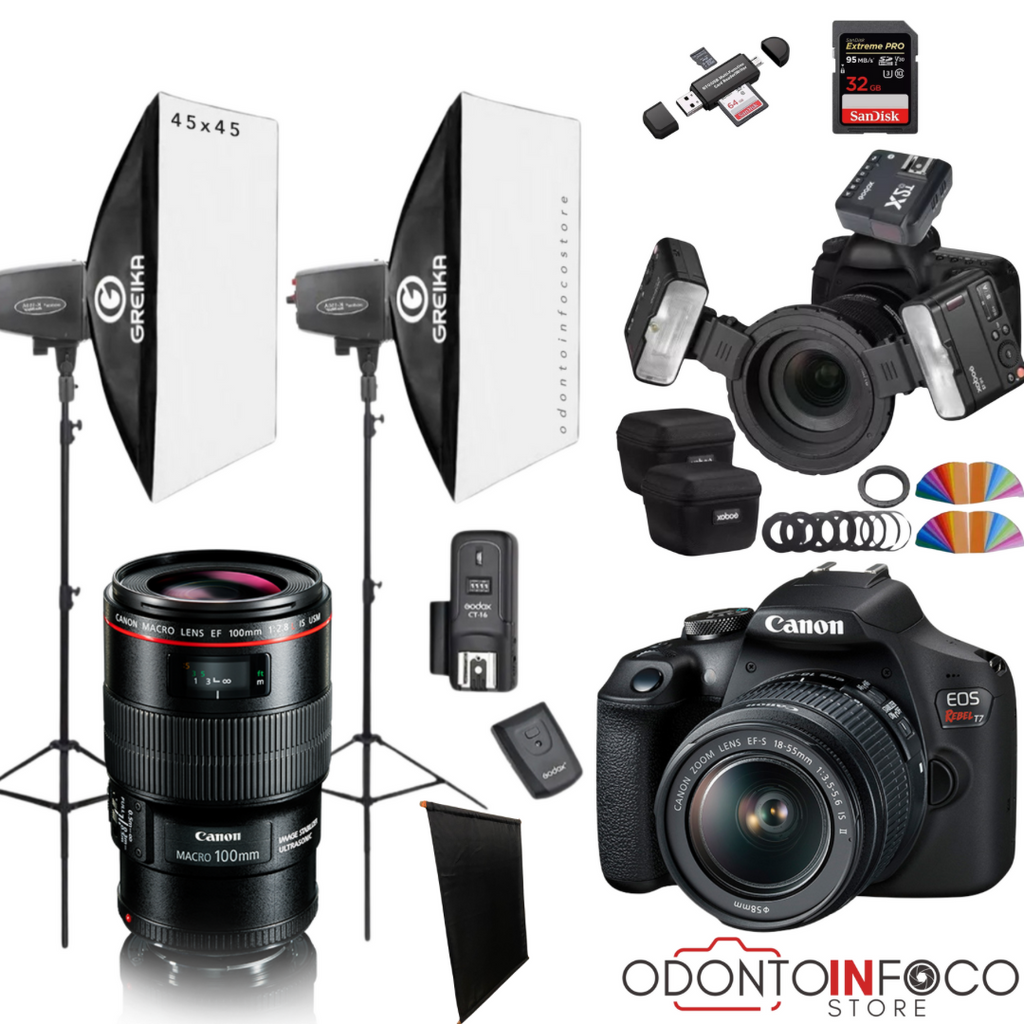 KIT 15 - CÂMERA T7+  LENTE MACRO CANON EF 100MM + ESTÚDIO FOTOGRÁFICO + FLASH TWIN GODOX MF-12 + BLACKOUT