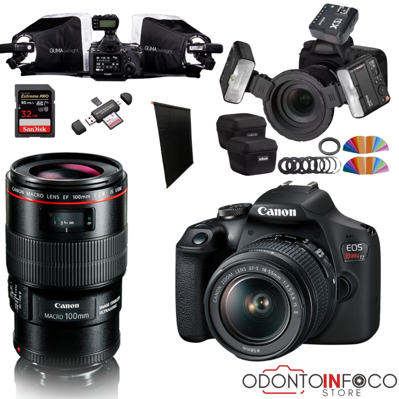 KIT 11 - CÂMERA T7+ KIT MACRO OU LENTE MACRO CANON EF 100MM + TWIN GODOX + ESTÚDIO GUMA TWIN + BLACKOUT