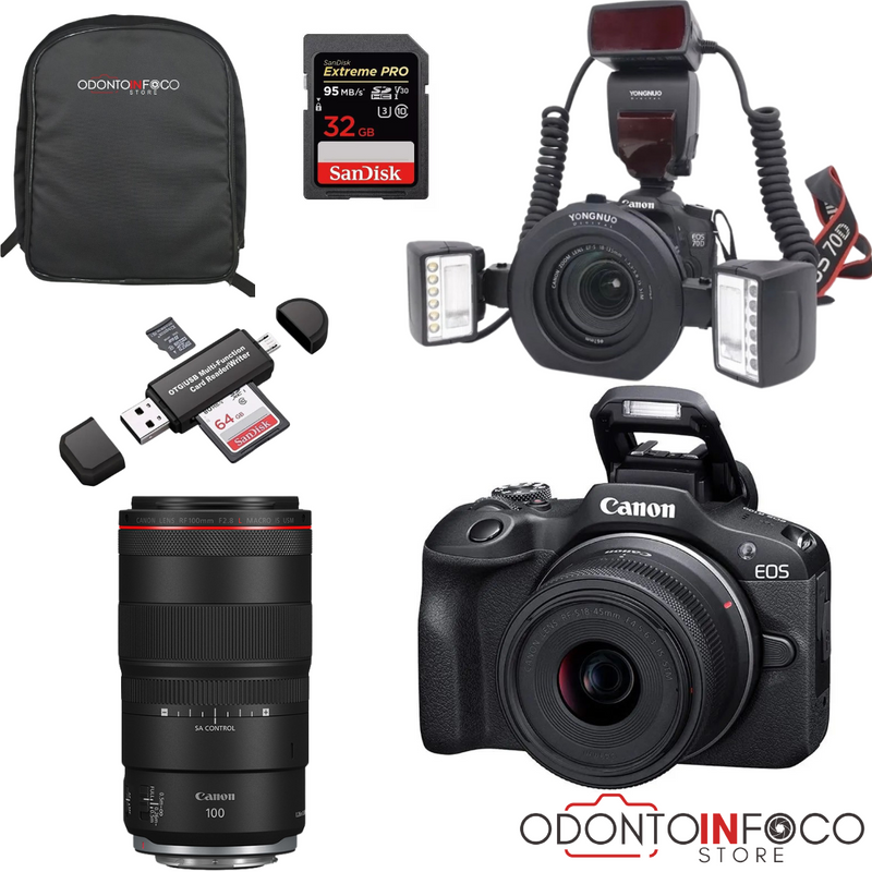 KIT 13- CÂMERA PROFISSIONAL R100 MIRRORLESS + LENTE MACRO CANON 85MM OU RF 100MM + FLASH TWIN YONGNUO YN24EX