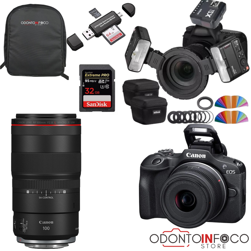 KIT 14- CÂMERA PROFISSIONAL R100 MIRRORLESS + LENTE MACRO SIGMA 70MM OU RF 100MM + TWIN GODOX MF-12