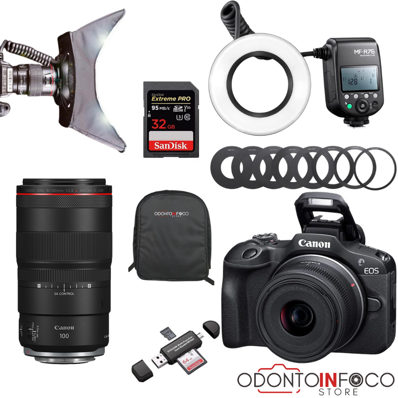 KIT 15- CÂMERA PROFISSIONAL R100 MIRRORLESS + LENTE MACRO 70MM OU RF 100MM + FLASH CIRCULAR GODOX + ESTÚDIO GUMA R