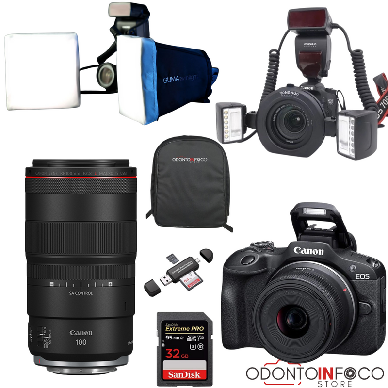 KIT 16- CÂMERA PROFISSIONAL R100 MIRRORLESS + LENTE  MACRO CANON 85MM OU RF 100MM + FLASH TWIN YONGNUO YN24EX  +  GUMA T
