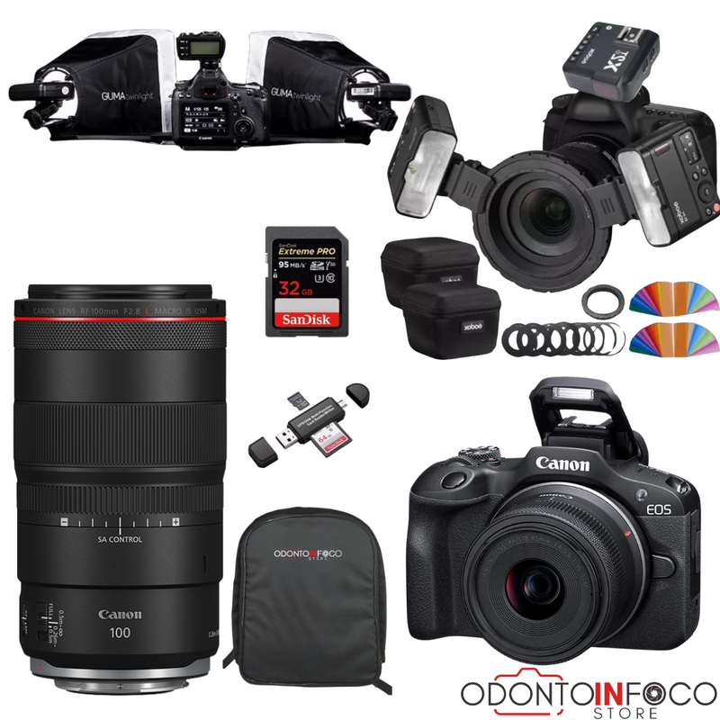KIT 17-  CÂMERA PROFISSIONAL R100 MIRRORLESS + LENTE MACRO SIGMA 70MM OU RF 100MM +  TWIN GODOX + ESTÚDIO GUMA TWIN