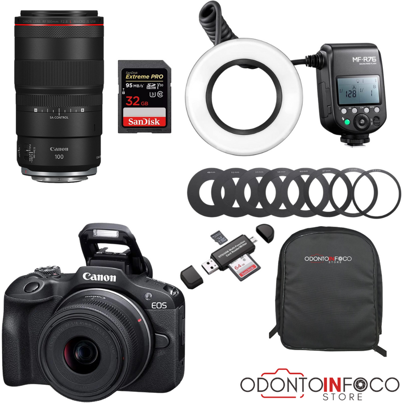 KIT 12- CÂMERA PROFISSIONAL R100 MIRRORLESS + LENTE MACRO CANON 85MM OU RF 100MM +  FLASH CIRCULAR GODOX MF-R76