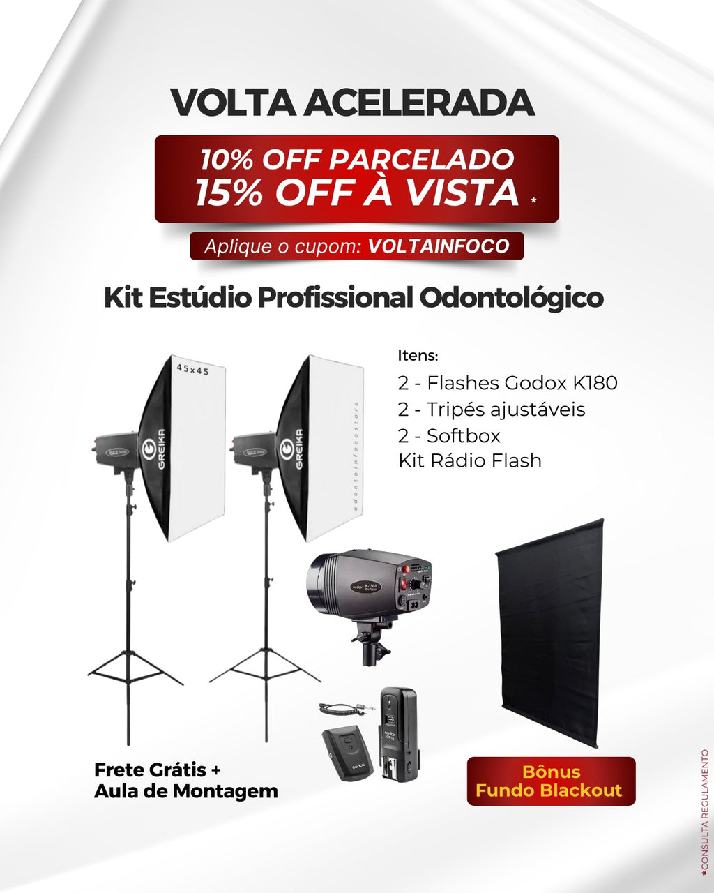 KIT FOTOGRÁFICO  PROFISSIONAL 360W +  AULA DE MONTAGEM BÔNUS + LÂMPADA  MODELAGEM EM LED. + BLACKOUT SLIM.