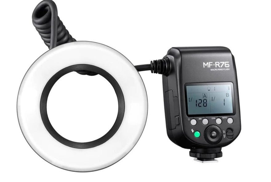 KIT 8- CÂMERA PROFISSIONAL R100 MIRRORLESS + LENTE MACRO CANON 85MM OU RF 100MM +  FLASH CIRCULAR GODOX MF-R76 ( GARANTIA DE FÁBRICA )