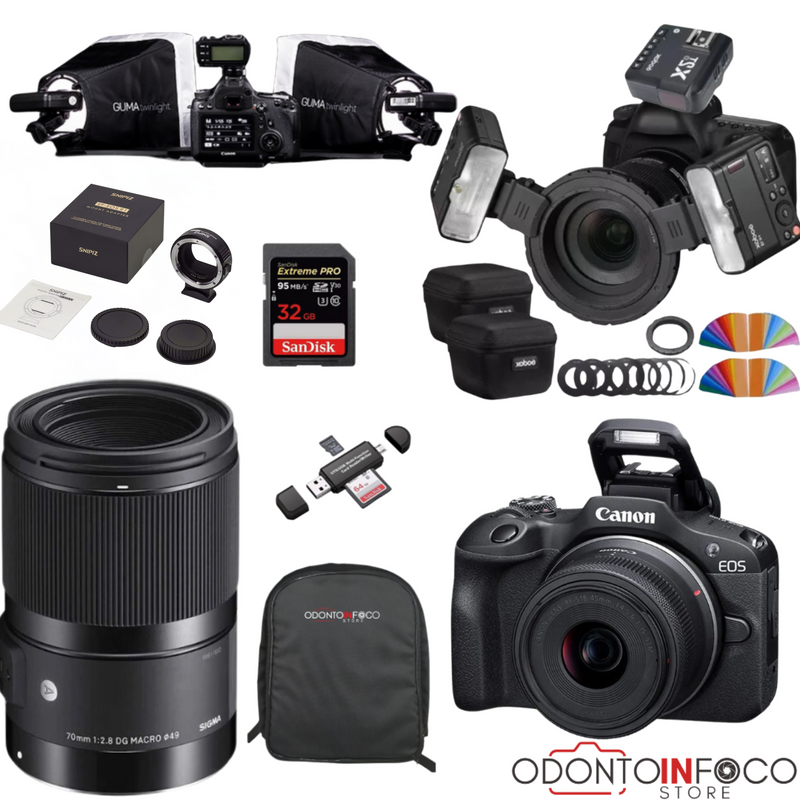 KIT 17-  CÂMERA PROFISSIONAL R100 MIRRORLESS + LENTE MACRO SIGMA 70MM OU RF 100MM +  TWIN GODOX + ESTÚDIO GUMA TWIN