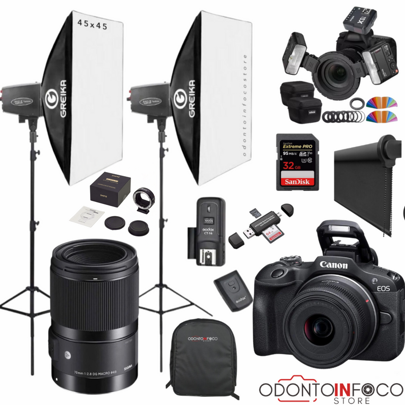 KIT 28 CÂMERA R100 MIRRORLESS + LENTE MACRO SIGMA 70MM + ESTÚDIO FOTOGRÁFICO + BLACKOUT +  FLASH TWIN GODOX MF-12