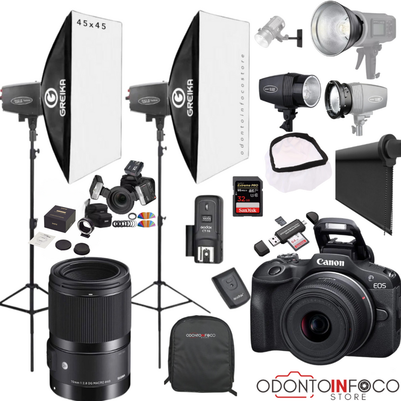 KIT 34 CÂMERA R100 MIRRORLESS + LENTE MACRO SIGMA 70MM + ILUMINAÇÃO COMPLETA + BLACKOUT + FLASH TWIN GODOX MF-12