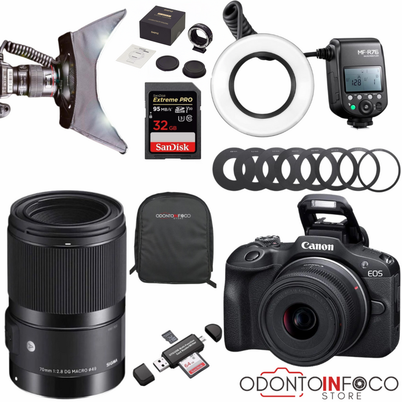 KIT 15- CÂMERA PROFISSIONAL R100 MIRRORLESS + LENTE MACRO 70MM OU RF 100MM + FLASH CIRCULAR GODOX + ESTÚDIO GUMA R