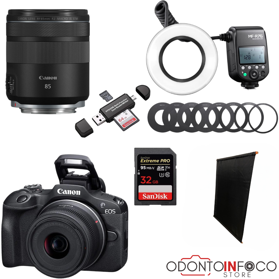 KIT 8- CÂMERA PROFISSIONAL R100 MIRRORLESS + LENTE MACRO CANON 85MM OU RF 100MM +  FLASH CIRCULAR GODOX MF-R76 ( GARANTIA DE FÁBRICA )