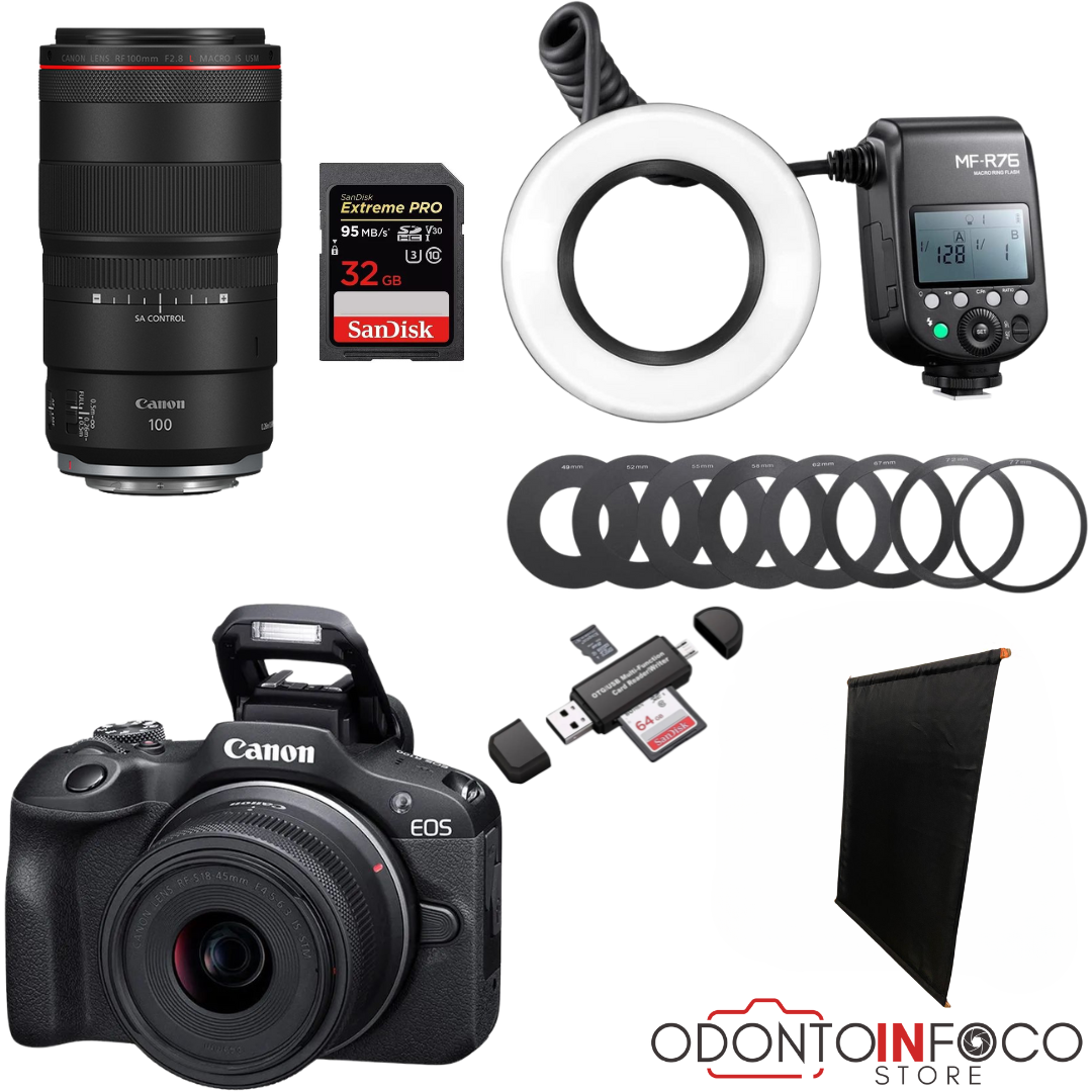 KIT 8- CÂMERA PROFISSIONAL R100 MIRRORLESS + LENTE MACRO CANON 85MM OU RF 100MM +  FLASH CIRCULAR GODOX MF-R76 ( GARANTIA DE FÁBRICA )