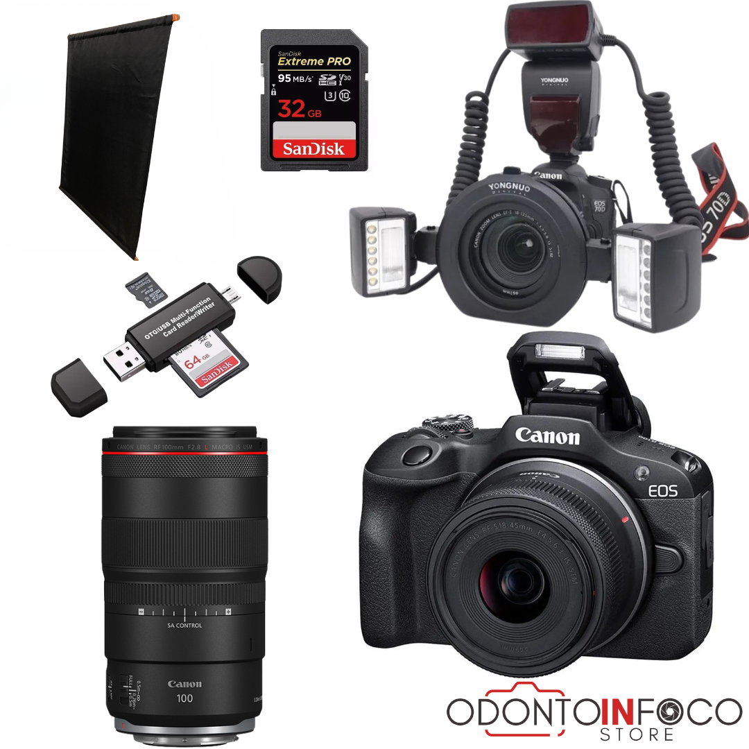 KIT 9- CÂMERA PROFISSIONAL R100 MIRRORLESS + LENTE MACRO CANON 85MM OU RF 100MM + FLASH TWIN YONGNUO YN24EX