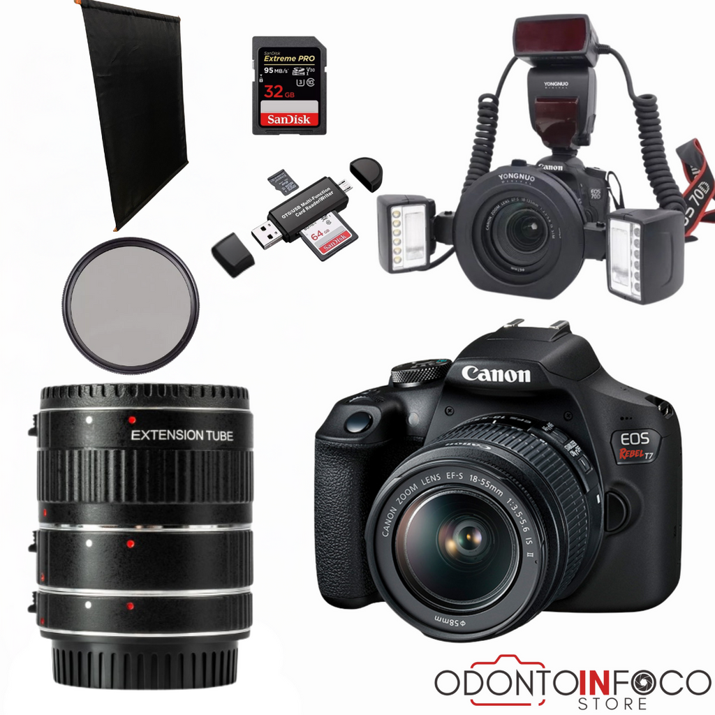 KIT 3 - CÂMERA CANON T7+ KIT MACRO ( TUBO + FILTRO DEDICADO ) + FLASH TWIN YONGNUO YN24EX + BLACKOUT