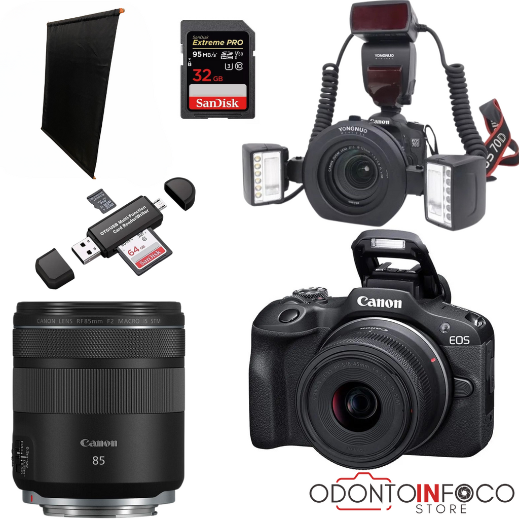 KIT 9- CÂMERA PROFISSIONAL R100 MIRRORLESS + LENTE MACRO CANON 85MM OU RF 100MM + FLASH TWIN YONGNUO YN24EX