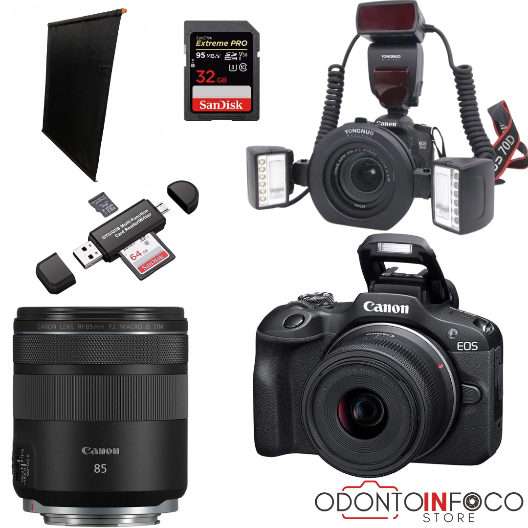 KIT 9- CÂMERA PROFISSIONAL R100 MIRRORLESS + LENTE MACRO CANON 85MM OU RF 100MM + FLASH TWIN YONGNUO YN24EX