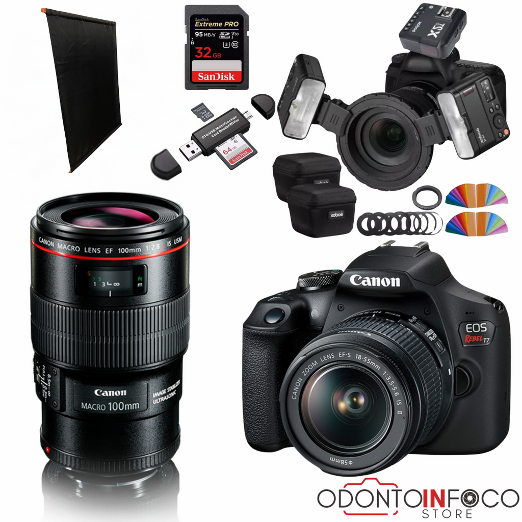 KIT 8 - CÂMERA CANON T7 + LENTE MACRO CANON EF 100MM + TWIN GODOX MF-12 + BLACKOUT - GARANTIA DE FÁBRICA