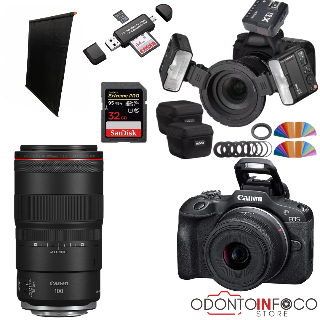 KIT 10- CÂMERA PROFISSIONAL R100 MIRRORLESS + KIT MACRO OU LENTE CANON RF 100MM + TWIN GODOX MF-12 ( GARANTIA DE FÁB.)
